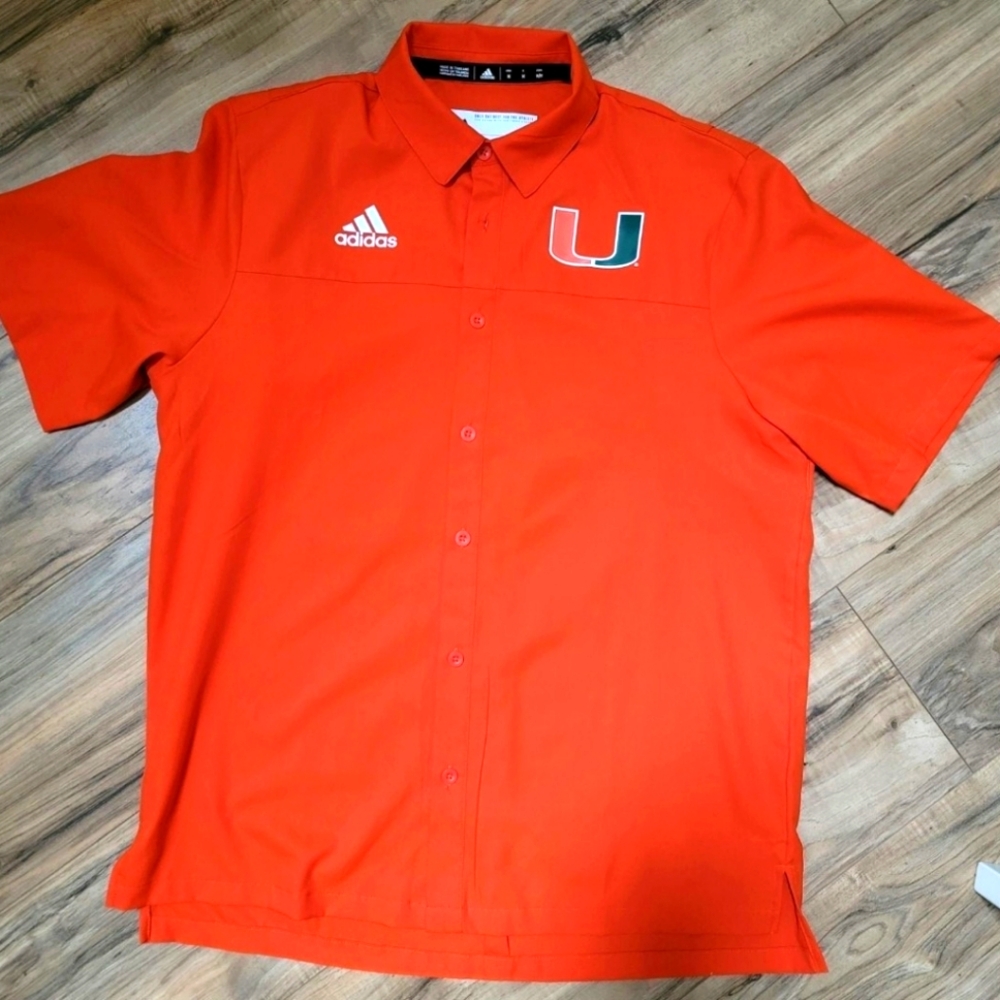 New Adidas Miami Hurricanes Team Game Day Mode Football Polo Button Shirt SZ M